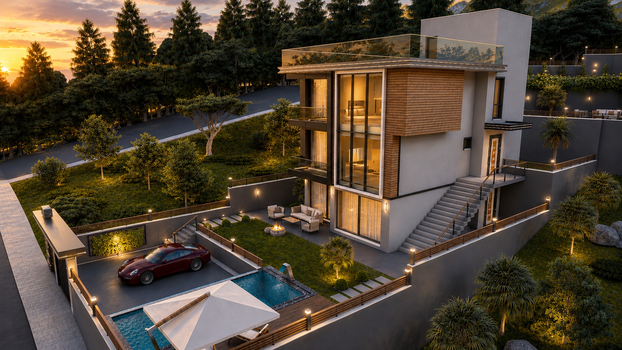 Bereket Konakları Skygates tek villa havuz ve akşam atmosferi