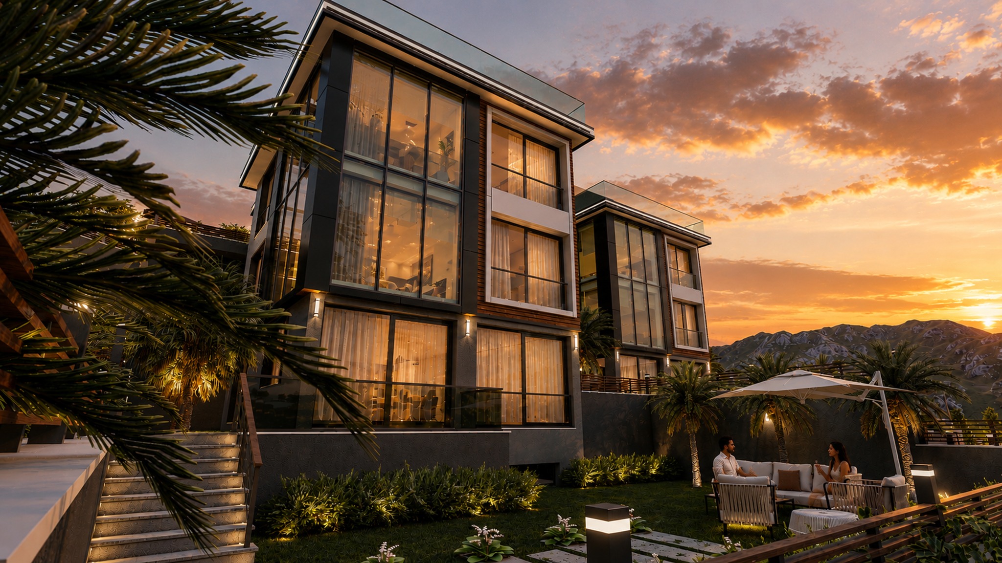 Bereket Konakları Skygates villa cephesi ve havuzlu yaşam alanı