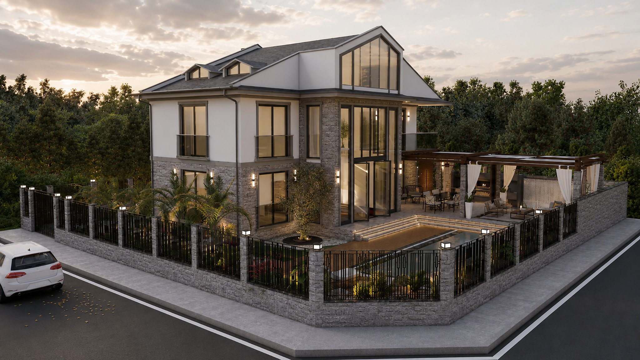 Fethiye Villa genel dış cephe bahçe ve havuz perspektifi