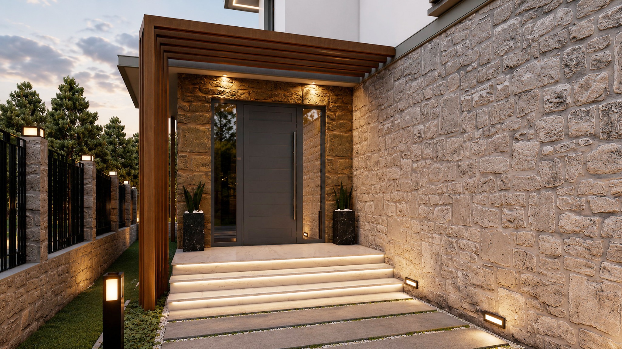 Fethiye Villa giriş detayı ve taş duvar