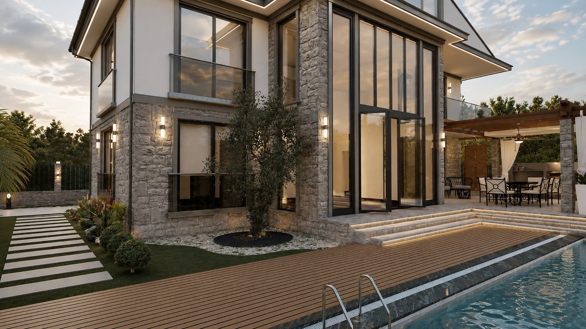 Fethiye Villa yüksek cam cephe ve havuz ilişkisi