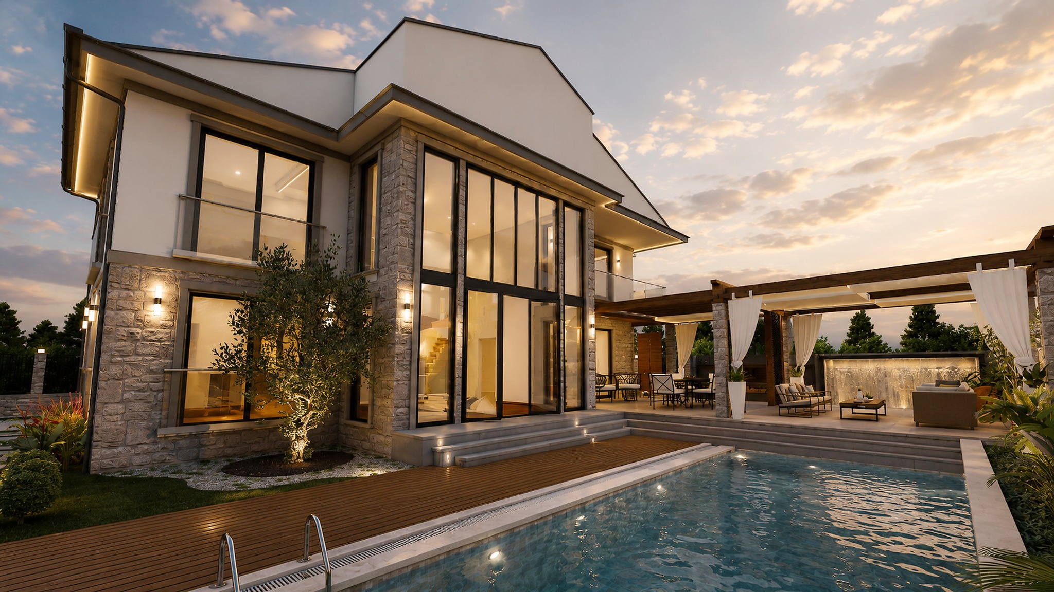 Fethiye Villa havuzlu arka cephe perspektifi