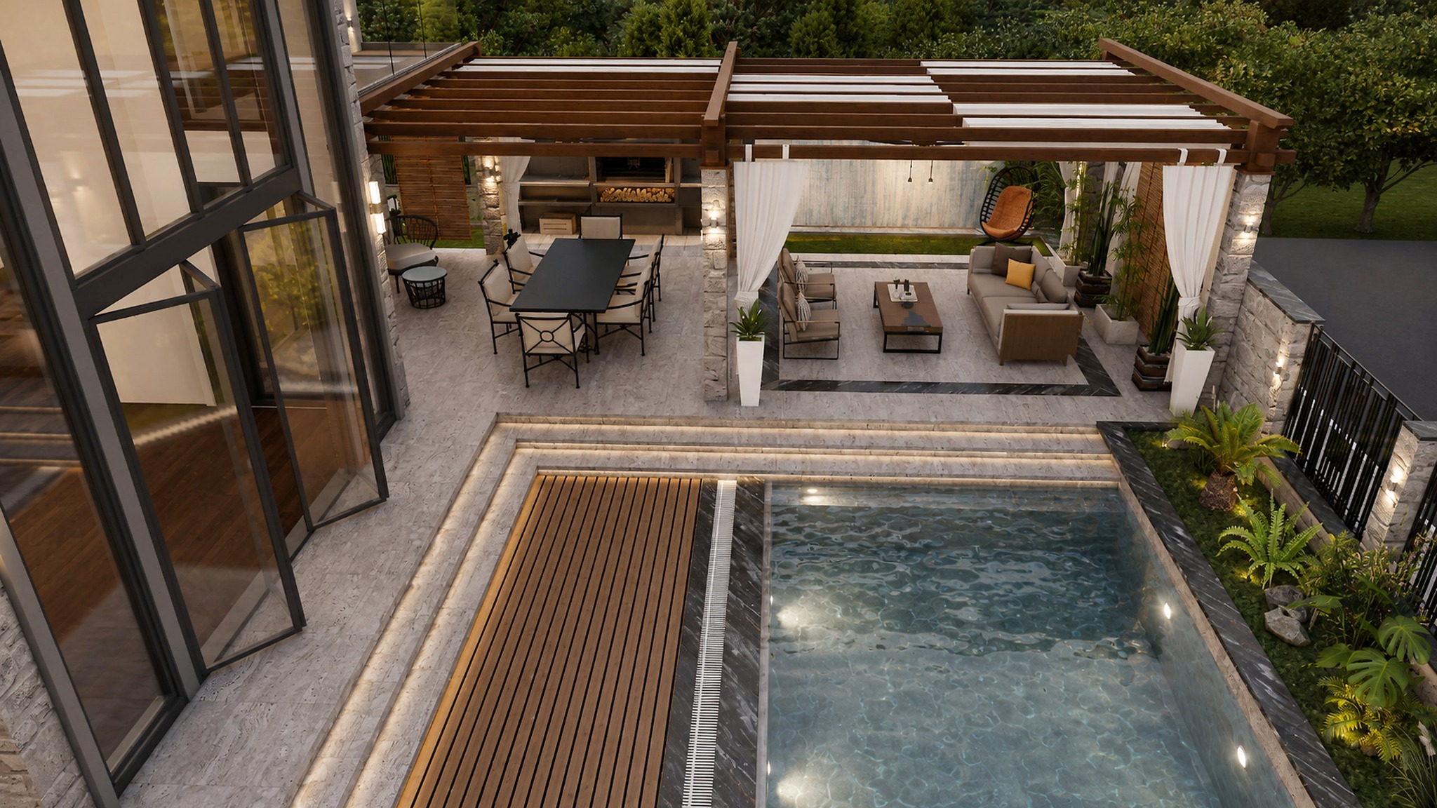 Fethiye Villa üst açı havuz pergola ve bahçe kurgusu