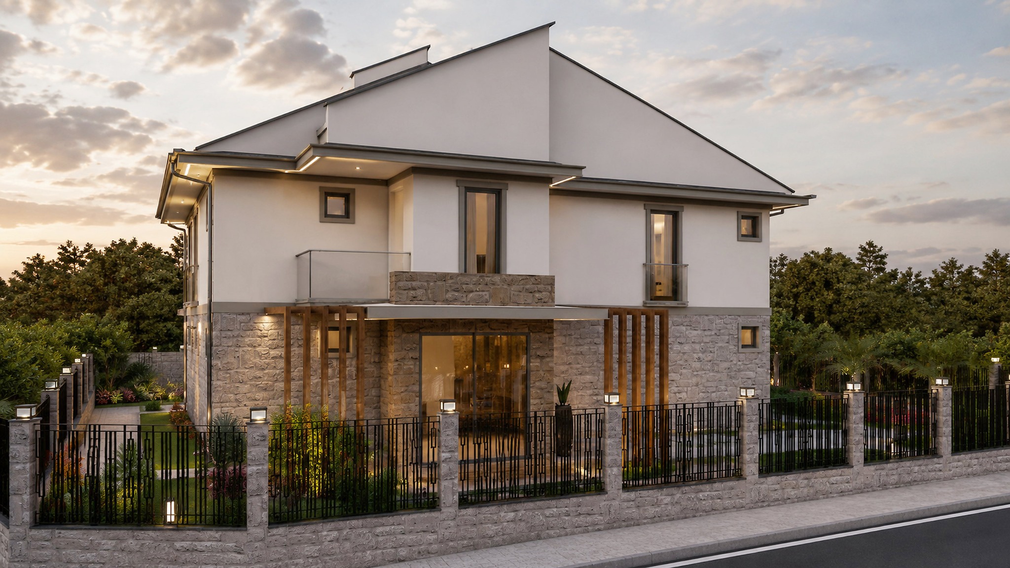 Fethiye Villa yan cephe ve akşamüstü görünümü