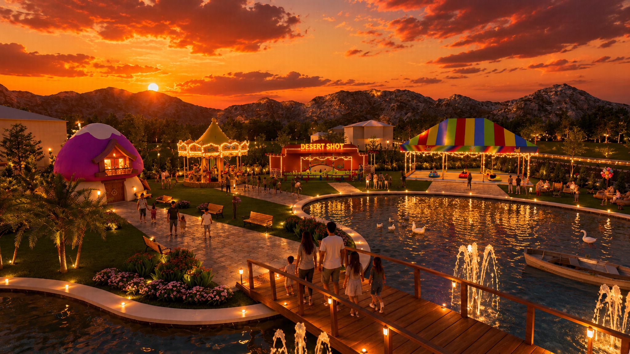 Gemlik Lunapark gölet köprü ve akşam atmosferi