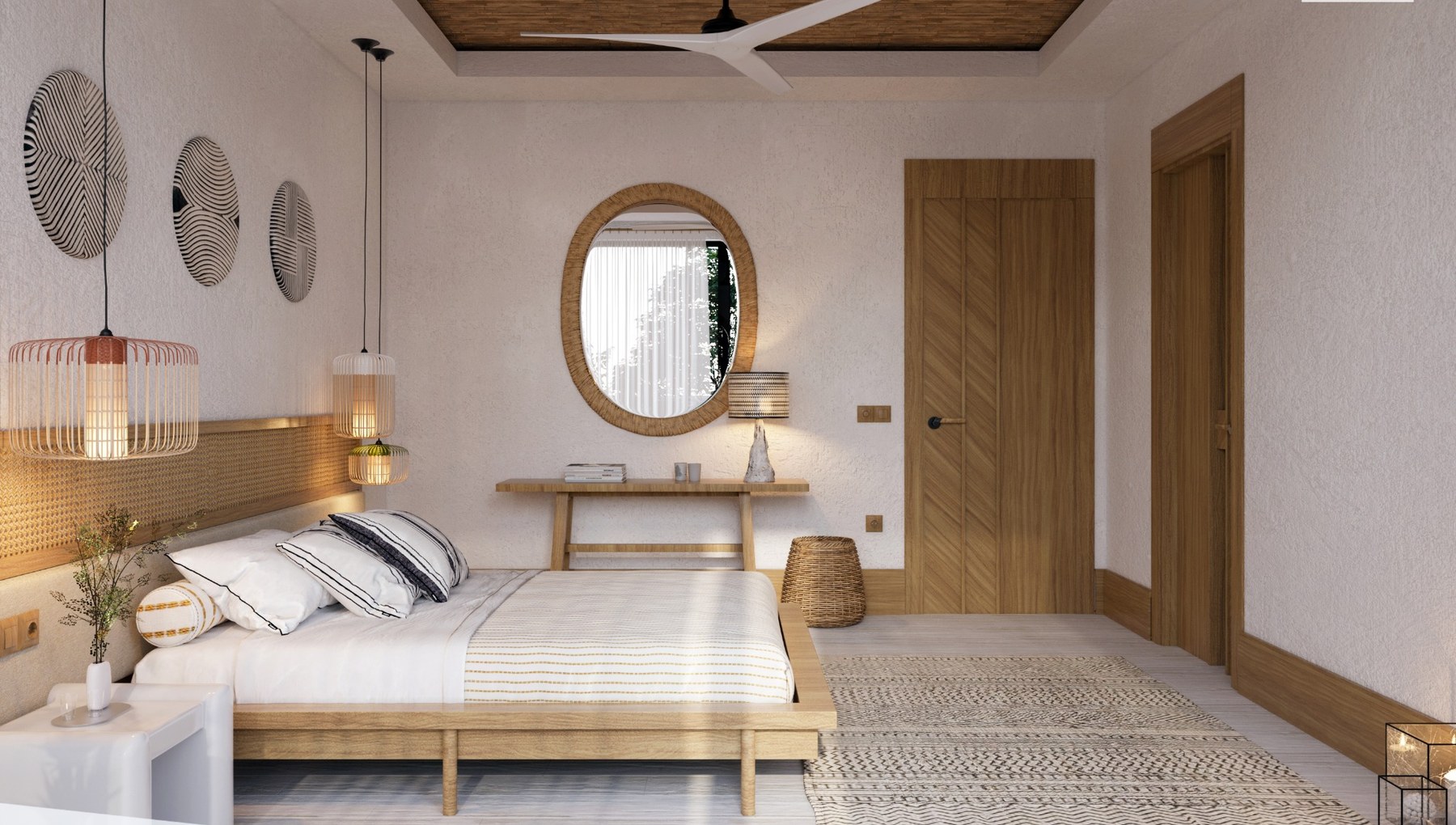 Saman Villas yatak odası ayna ve ahşap detay