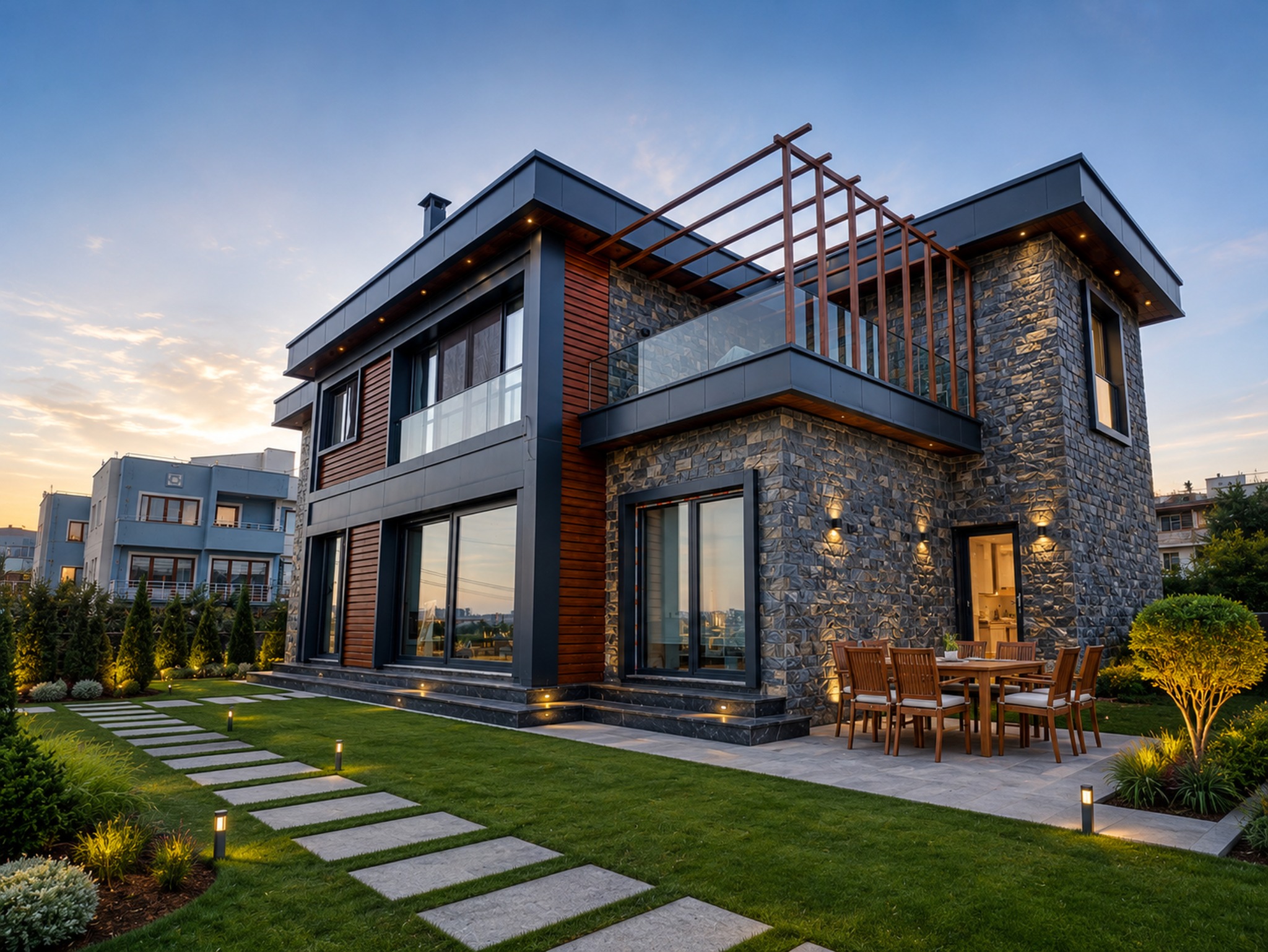 Yalova Merkez Villa - Taş kaplama cephe, bahçe ve şehir manzarası ilişkisi